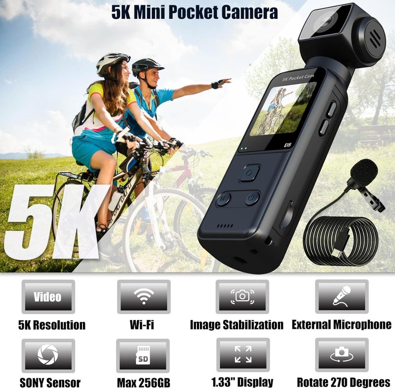 YONDENE Body Camera 5K with External Microphone, Video & Audio Mini Vlog Camera with 270° Rotated Lens, Pocket Cam for Sport, Outdoor, Riding, Travel, 128GB Included - Image 2